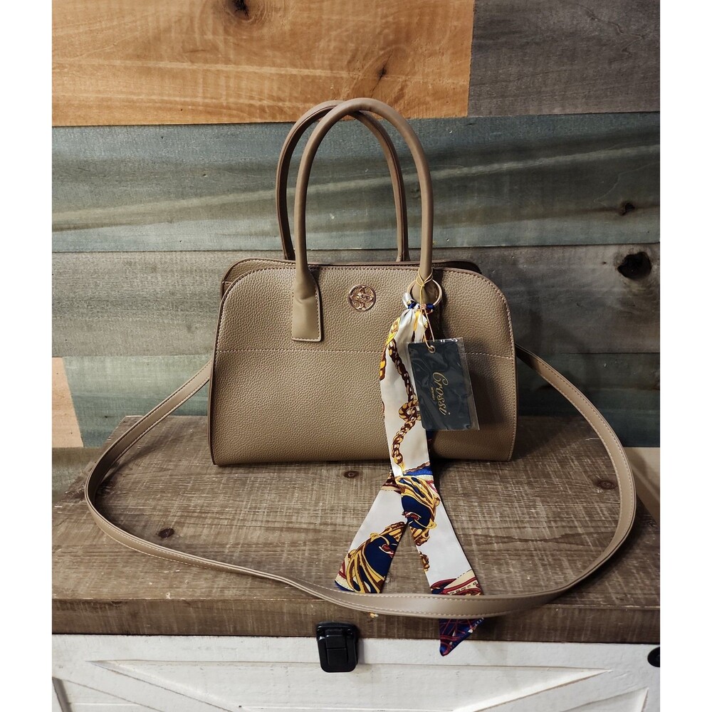 NWT Crossi New York Taupe Pebble Leather Satchel – Includes Floral Scarf Charm
